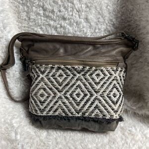 Myra Bag canvas gray and leather taupe shoulder/crossbody bag diamond pattern.